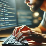 close-up image of a man coding on a computer. The focus is on his hands typing on a keyboard with lines of code visible on the screen.