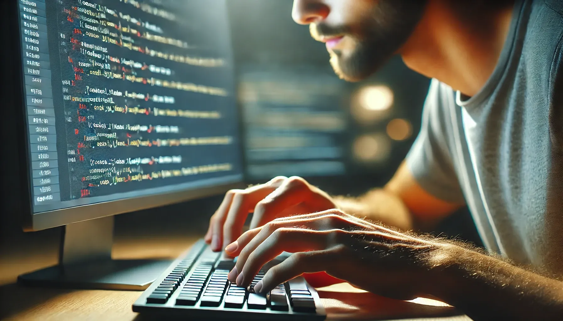 close-up image of a man coding on a computer. The focus is on his hands typing on a keyboard with lines of code visible on the screen.