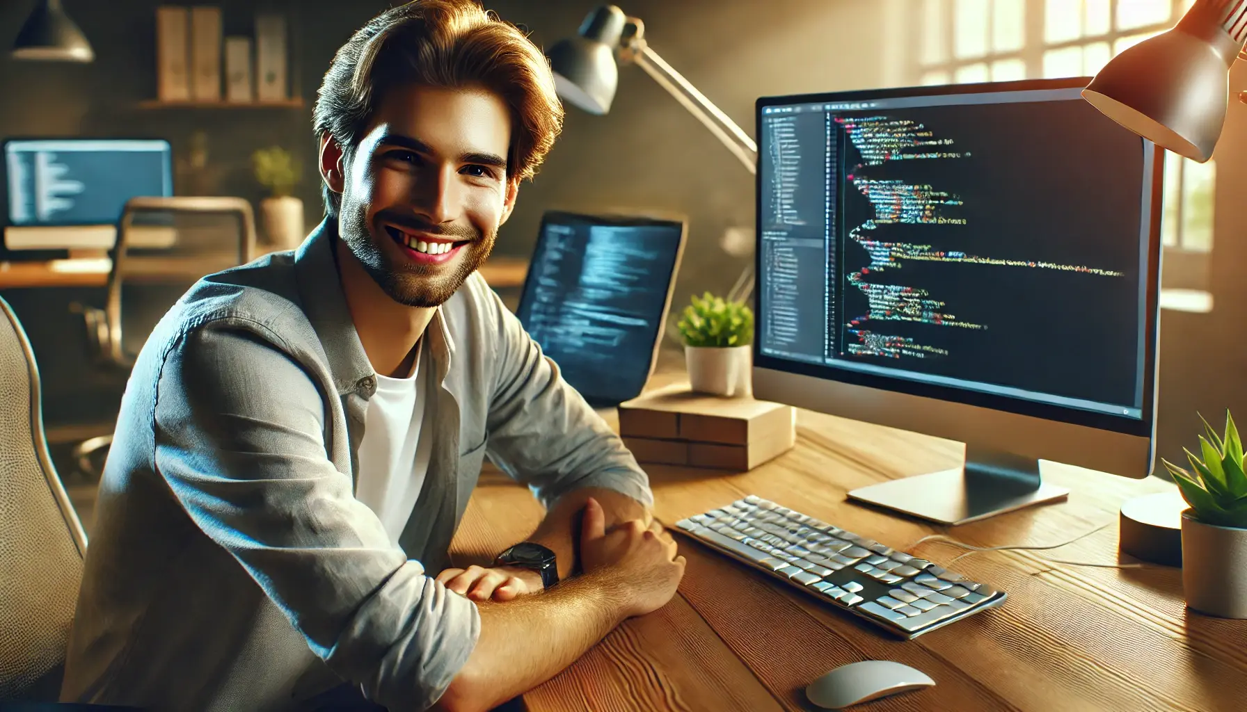 a smiling man who is a programmer, sitting at his desk with a computer displaying lines of code.