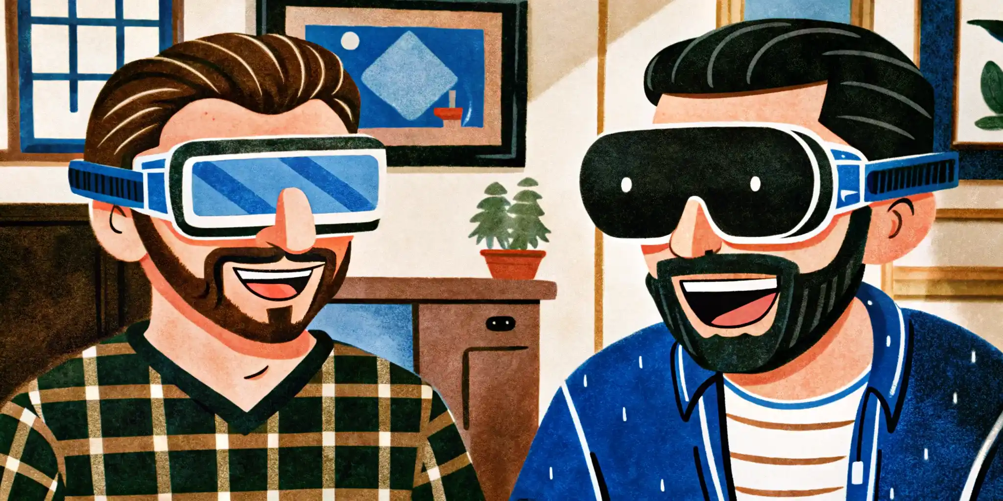 a man in VR glasses, next to him his friend is laughing