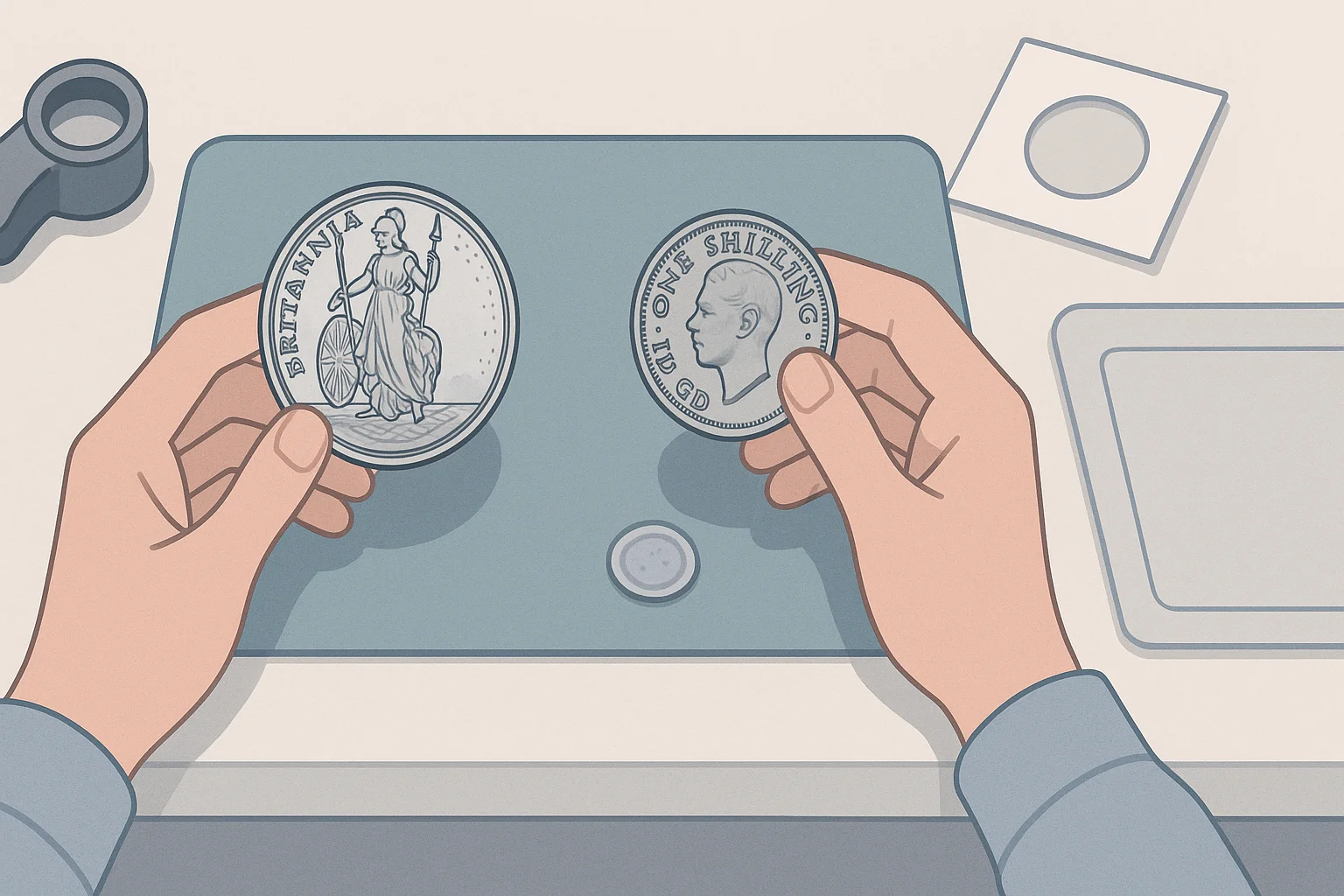 A collector compares a coin from a Britannia set with a shilling.