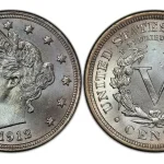 Close-up of a 1912 nickel coin