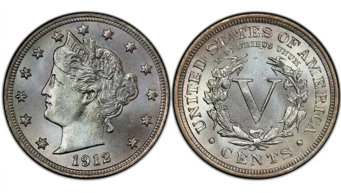 Close-up of a 1912 nickel coin